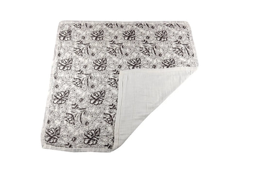 The Rose Blanket by House of Effy features a sophisticated black and white floral pattern on one side and a plain light gray fabric on the other, making it a perfect addition to any luxury home décor.