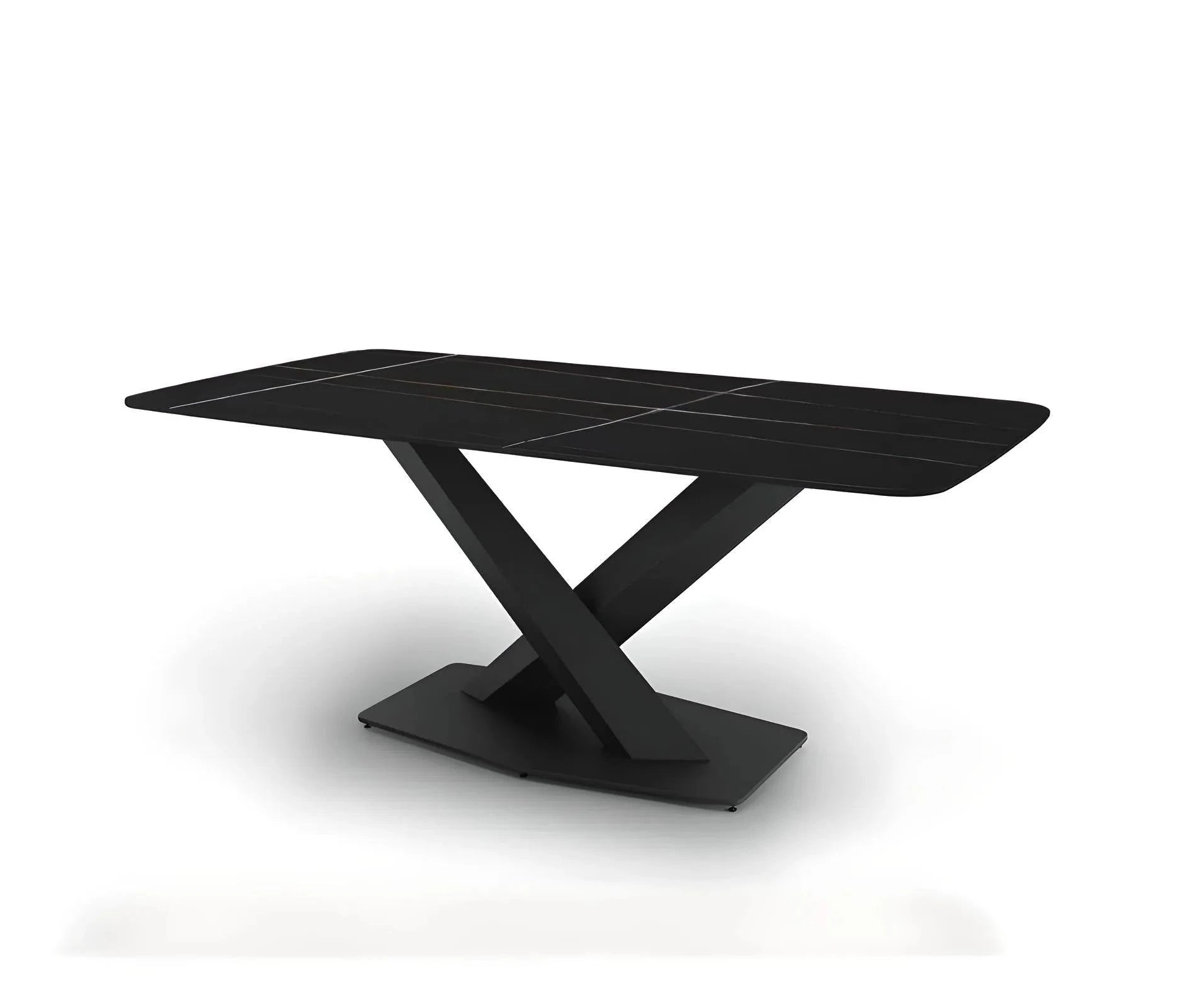 A House of Effy BLACK MARBLE TABLE with a modern design featuring an angular cross-leg base, exuding luxury and sophistication.