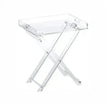 Load image into Gallery viewer, A modern transparent acrylic House of Effy FOLDING TRAY TABLE with a rectangular top and durable X-shaped legs.
