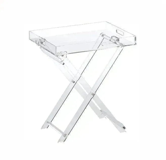 A modern transparent acrylic House of Effy FOLDING TRAY TABLE with a rectangular top and durable X-shaped legs.