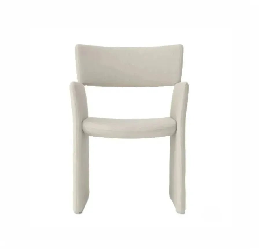 A modern, light beige, padded FABRIC DINING CHAIR from House of Effy with a slightly curved backrest and armrests, featuring a minimalist yet classic design that exudes luxury.