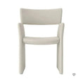 Load image into Gallery viewer, The House of Effy FABRIC DINING CHAIR is a cream-colored, modern upholstered fabric dining chair with curved armrests and a rectangular backrest, blending style and comfort with a classic design.
