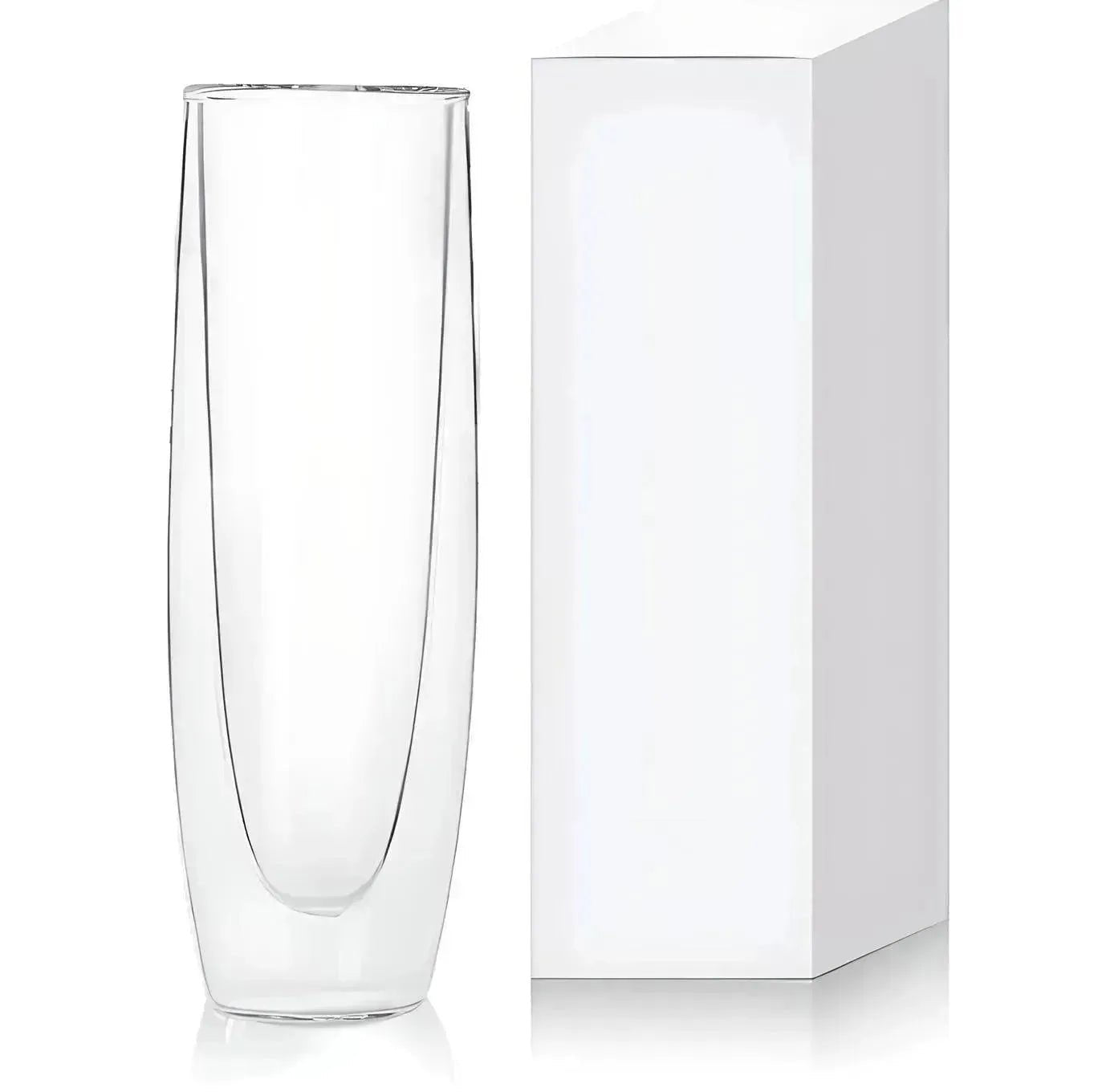 An elegant addition to any sleek drinkware collection, a clear double-walled glass joins a plain, tall white box in the House of Effy ESPRESSO SHOT GLASSES set.