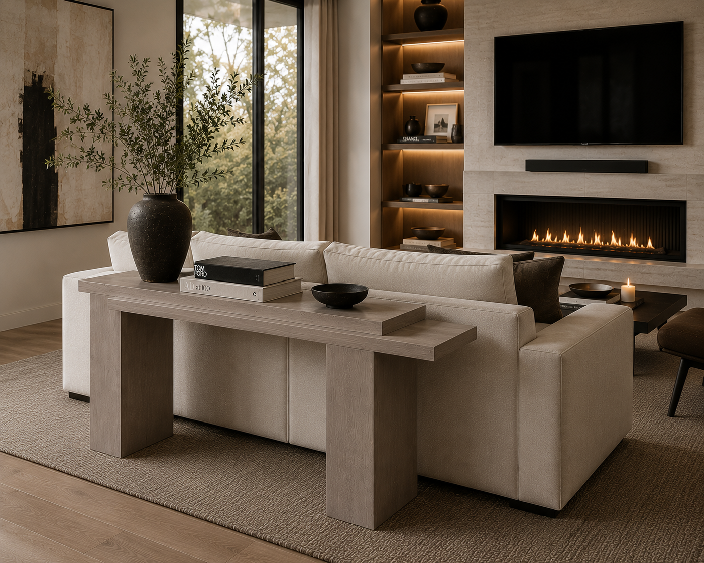 WOODEN CONSOLE TABLE BEHIND SOFA ON TOP OF AN AREA RUG IN A LIVING ROOM