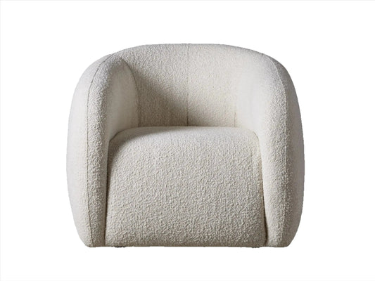 A single cream-colored BOUCLE SWIVEL CHAIR by House of Effy with a rounded design sits on a grey floor against a plain grey wall, embracing its minimalistic design.