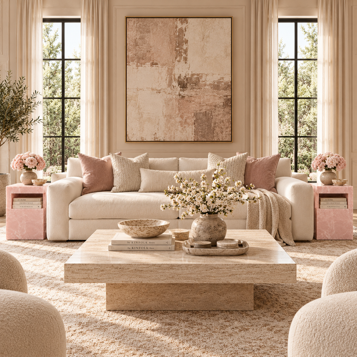A beautifully styled living room featuring a cream-colored sofa with blush pink and beige pillows, a low wooden coffee table, pink stone tables, and a large abstract art print on the wall.