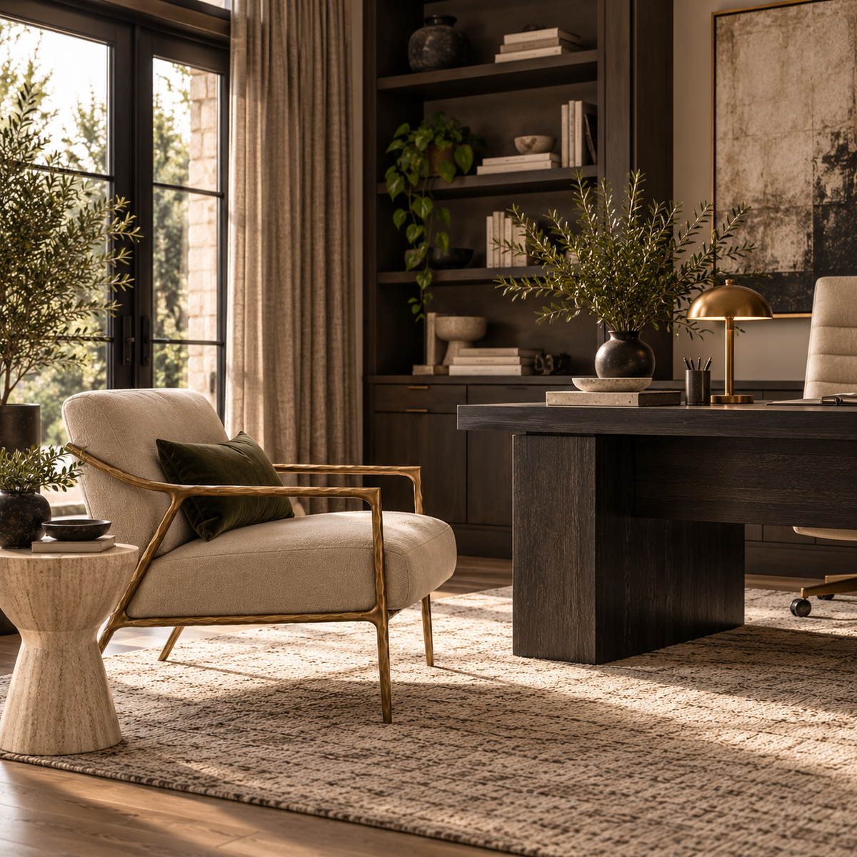 A styled home office interior featuring a cream upholstered armchair with gold-toned metal framing, a dark wood desk, shelving, plants, and warm natural light from a window.