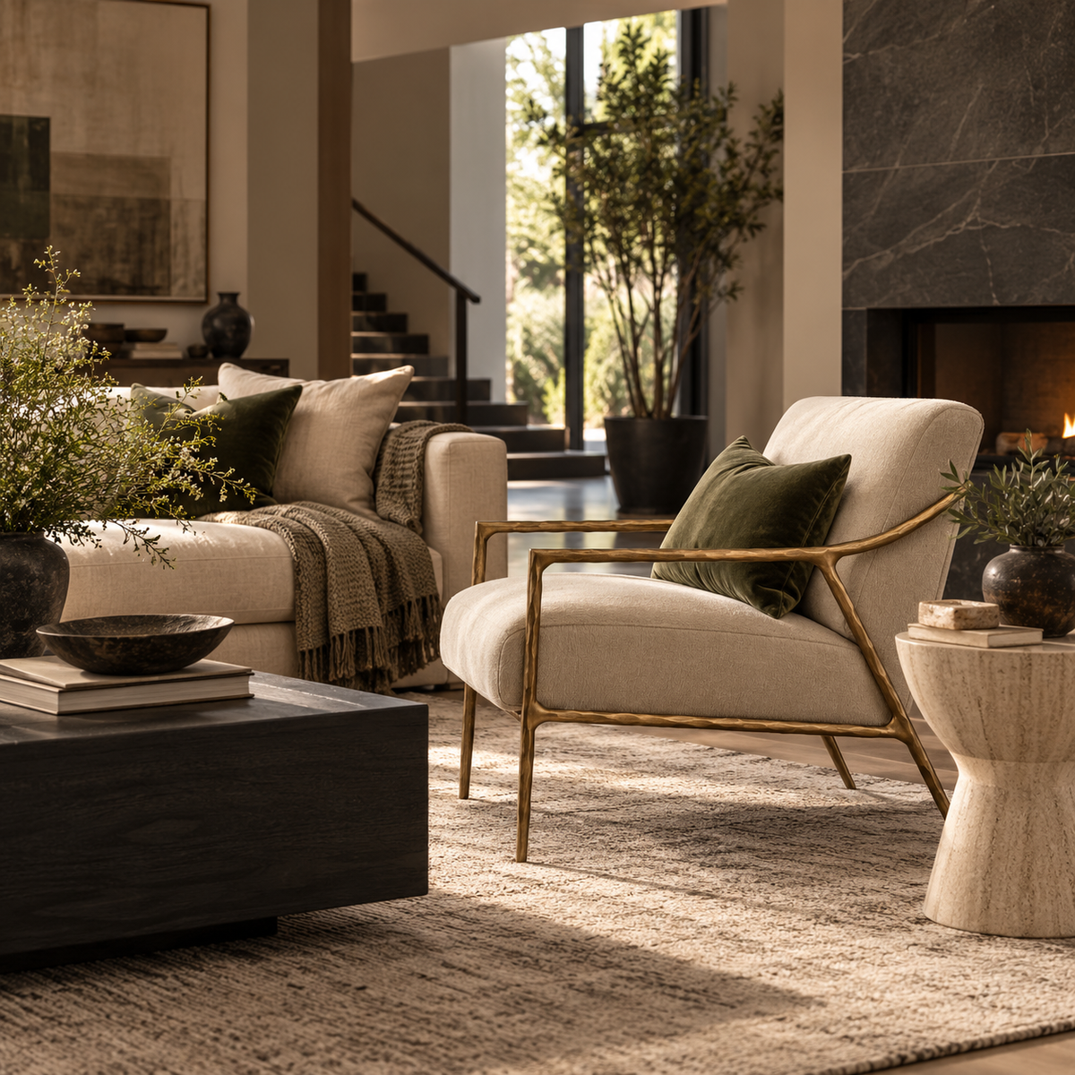 A modern living room scene featuring a cream upholstered accent chair with gold-toned metal arms and legs, styled with an olive green pillow. The chair is set on a textured beige rug next to a dark wood coffee table and a stone side table, with a matching cream sofa and indoor plants in the background.
