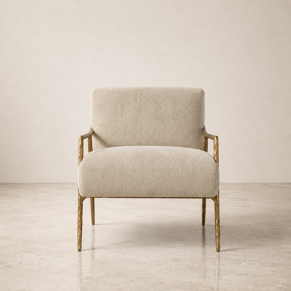 A modern accent chair with a textured cream-beige upholstered seat and backrest, featuring a natural wood frame and legs, set against a minimalist beige wall and concrete floor.