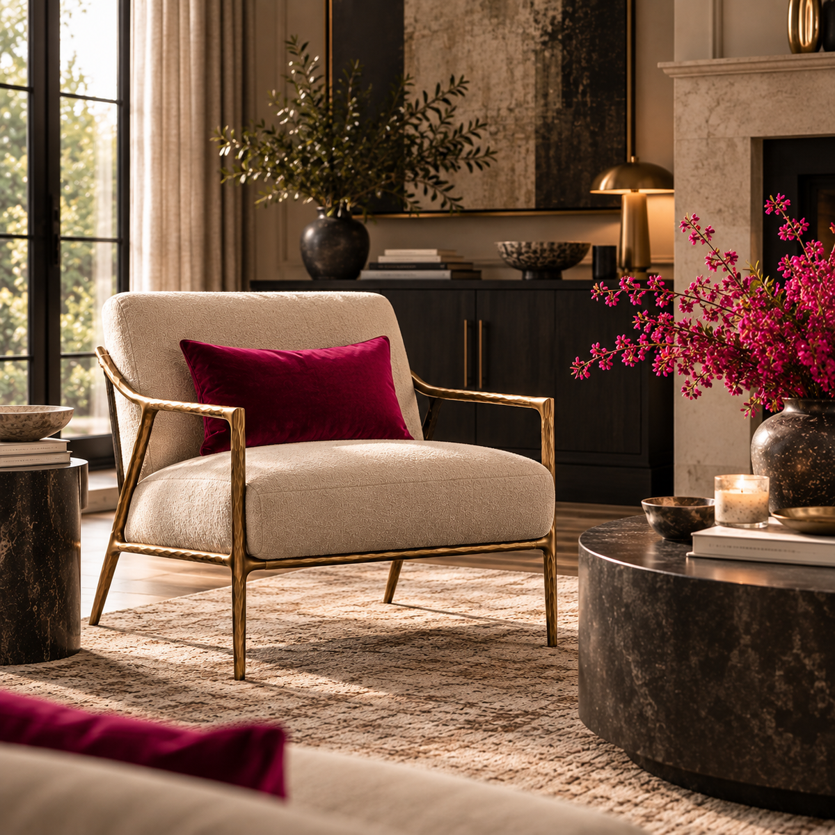 A cream upholstered accent chair with gold-toned metal arms and legs, styled in a luxurious living room with a deep magenta velvet pillow. The chair is positioned next to a dark marble coffee table and a fireplace mantel decorated with vibrant pink flowers.
