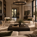 Load image into Gallery viewer, A luxury modern living room featuring two cream armchairs with gold frames, a dark wood coffee table, a beige textured rug, and a fireplace on the left.
