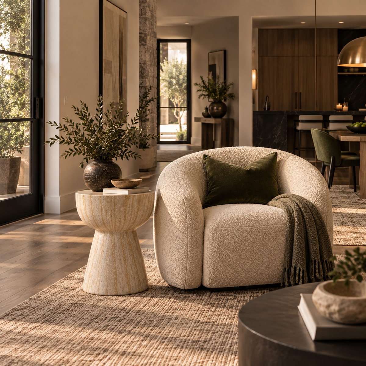 A modern beige boucle armchair with a dark green pillow and a draped throw blanket, set in a beautifully styled contemporary living room with a textured rug, a matching side table, and warm wood cabinetry in the background.