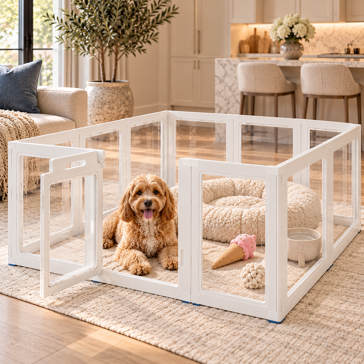 Clear acrylic dog playpen with white frame, Cavadoodle puppy, pink ice cream dog toy, and water bowl in a modern home.