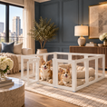 Load image into Gallery viewer, Acrylic dog playpen with clear panels and white frame housing two corgis in a modern living room with blue paneled walls.
