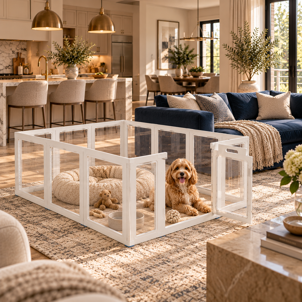 Clear acrylic playpen with white frame and Cavadoodle puppy in a modern open-concept living room with a navy blue sofa and kitchen.