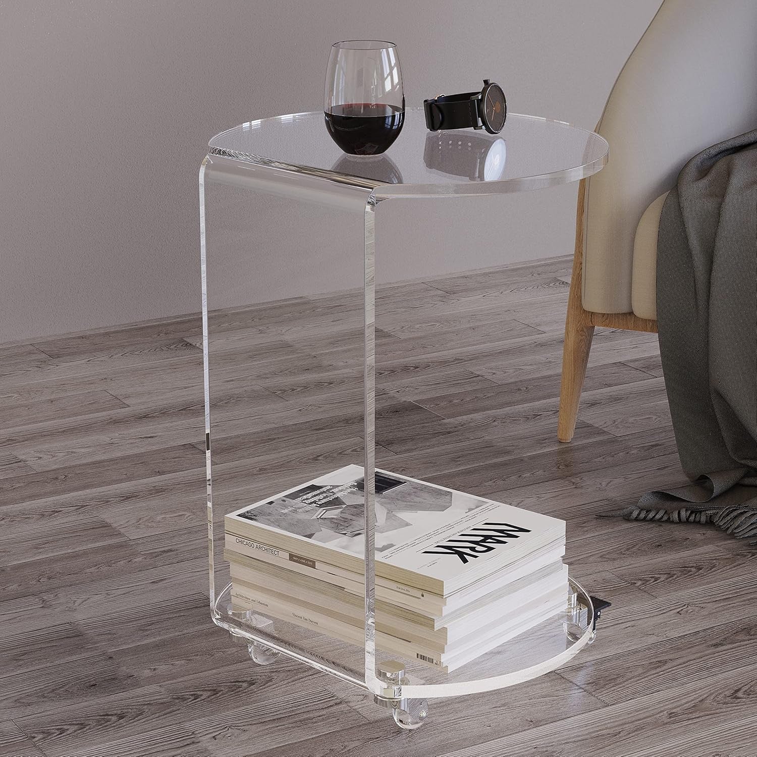 acrylic side table by chair