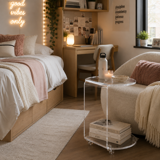 A cozy bedroom scene with a bed, desk, armchair, and a clear acrylic side table with a white water bottle and books. The room has warm lighting, a neon sign reading 'good vibes only', and motivational wall text.