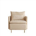 Load image into Gallery viewer, A beige upholstered MINIMALIST ACCENT CHAIR by House of Effy with two cushions, featuring a modern design with straight armrests and supported by sturdy, solid hardwood gold-colored legs.
