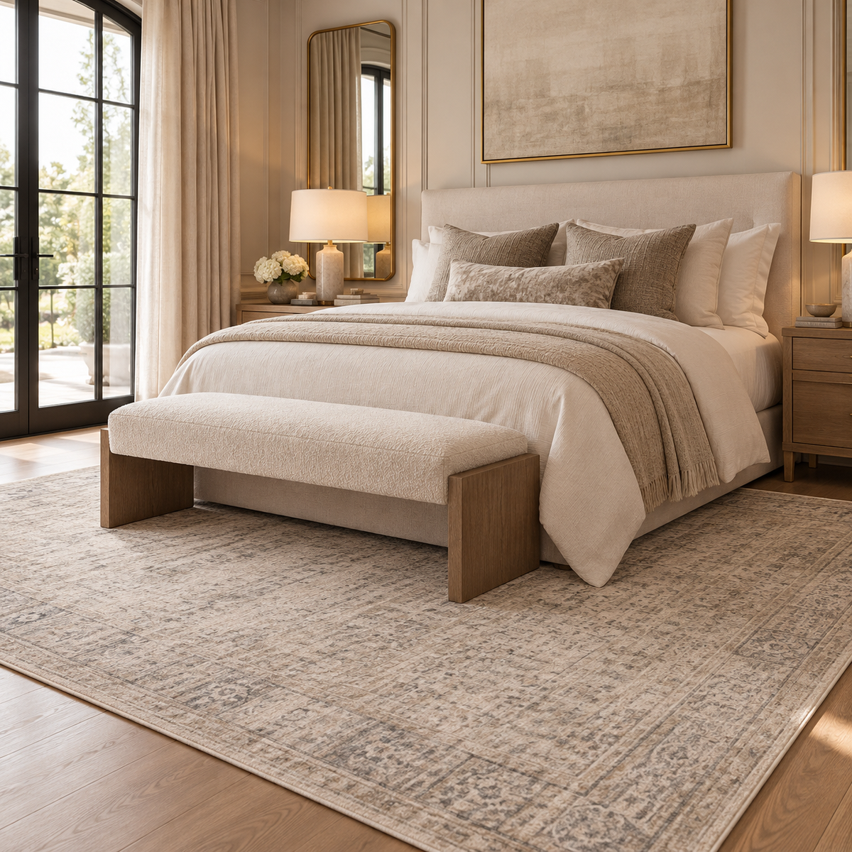 Amber taupe area rug with a distressed oriental pattern beneath a cream upholstered bed in a luxury bedroom.