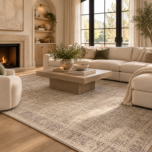 Amber taupe area rug with a vintage-inspired pattern beneath a wood coffee table in a luxury neutral living room.