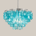 Load image into Gallery viewer, Aqua blue Capiz shell chandelier with tiered shell design
