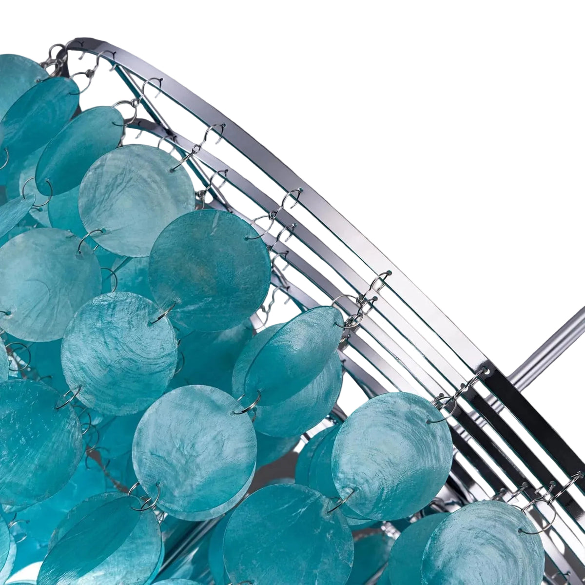 Close-up of aqua Capiz shells on the chandelier