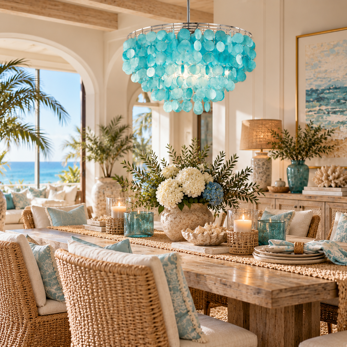 Aqua Capiz shell lighting in a coastal dining room