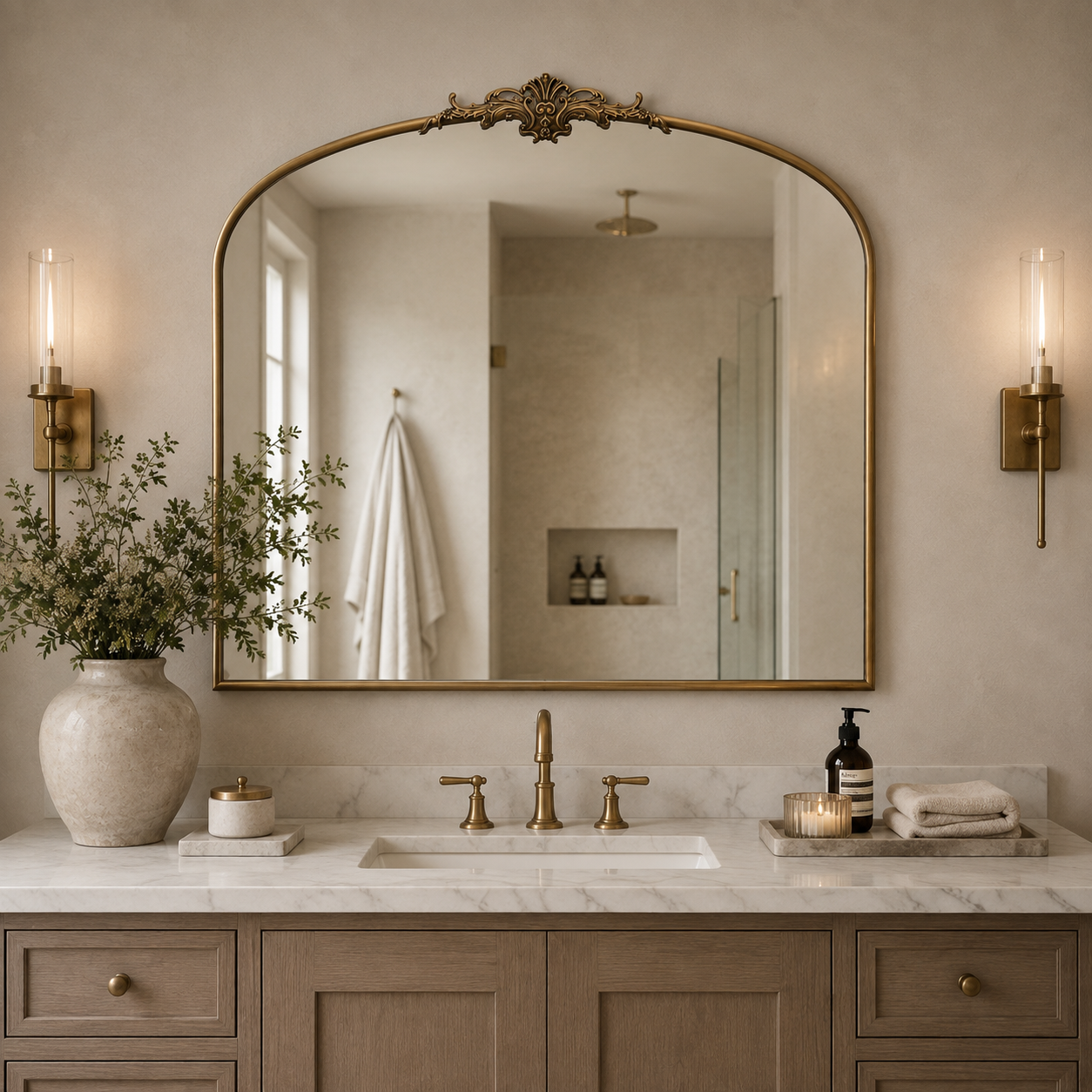 An ornate arched wall mirror with a gold frame hangs above a marble double vanity with a gold faucet in a warm, neutral-toned bathroom.