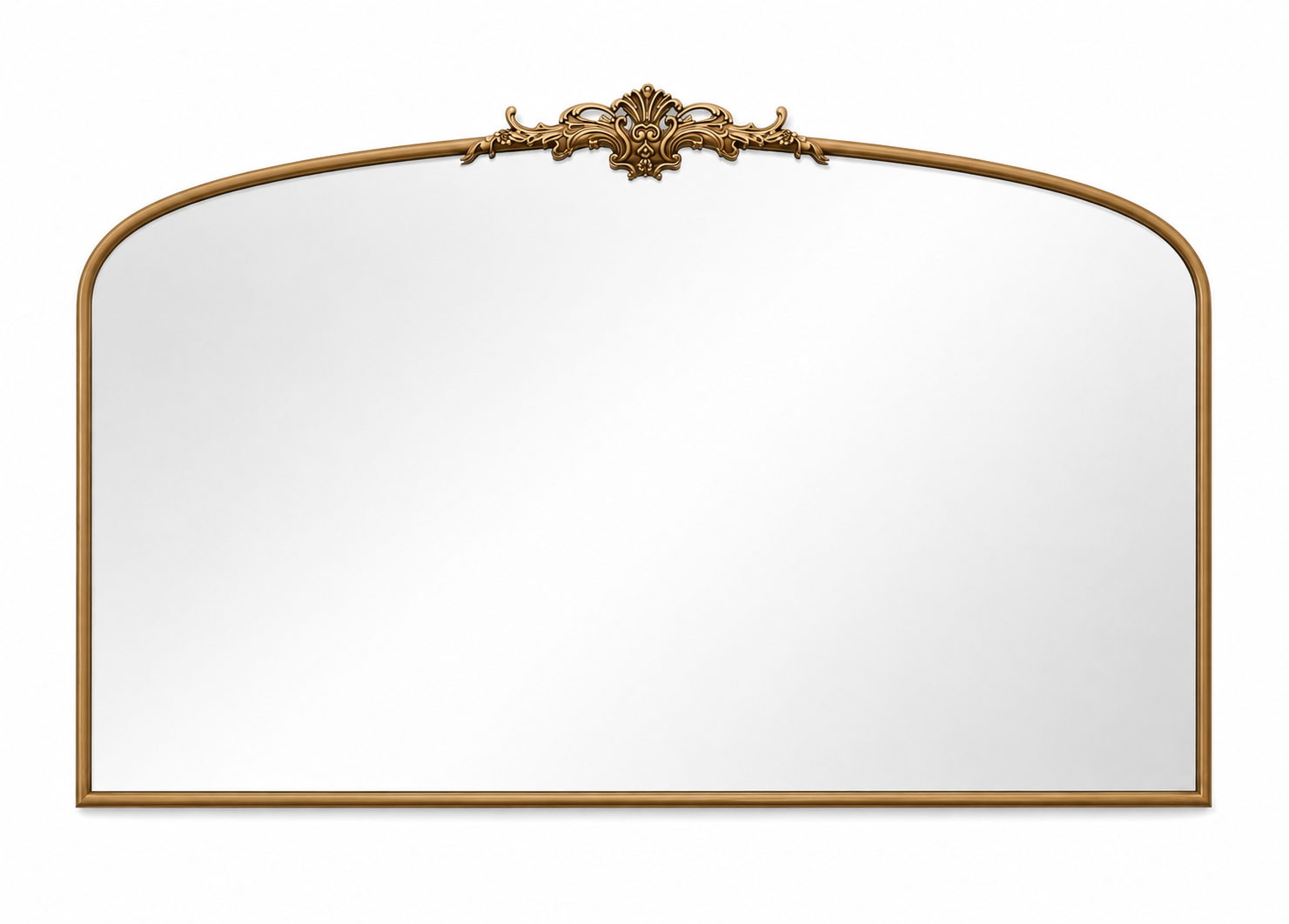 arched mirror with a decorative gold-toned frame and a central sculpted crest, shown against a plain white background.