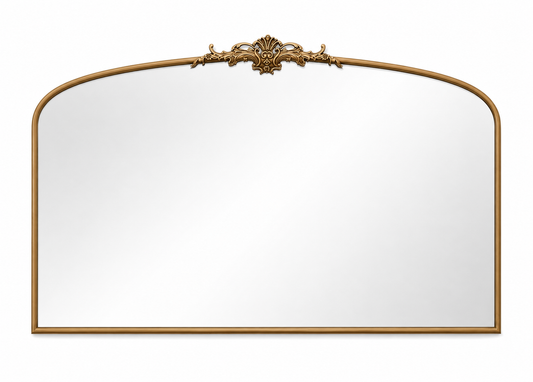 arched mirror with a decorative gold-toned frame and a central sculpted crest, shown against a plain white background.
