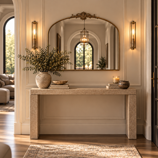 An elegant arched wall mirror with an ornate gold frame hangs above a stone console table in a beautifully styled entryway. The scene is warmly lit by wall sconces, with a vase of greenery and decorative items on the table, and a patterned rug on the wooden floor.