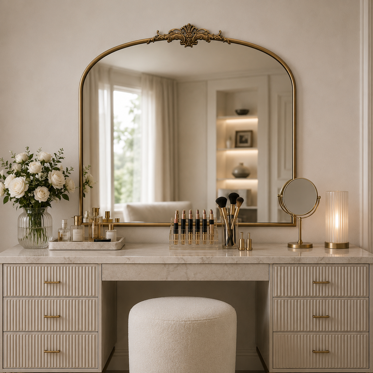 arched mirror above a cream-colored ribbed desk with drawers, a white stool, and various cosmetic items, set against a warm beige wall.
