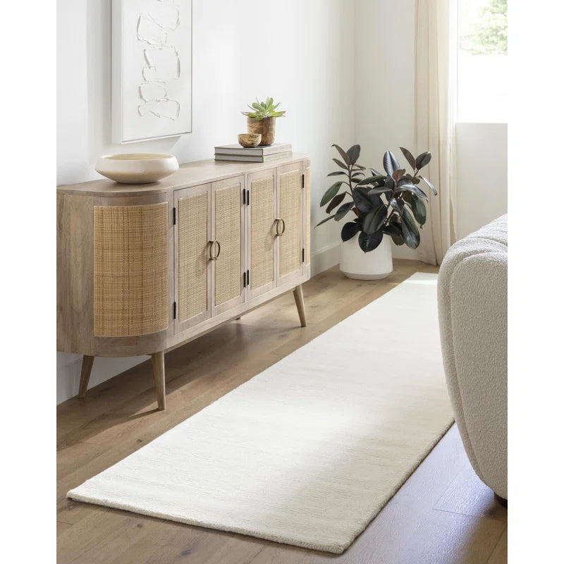 wool rug in brightly lit room with sofa and cabinets