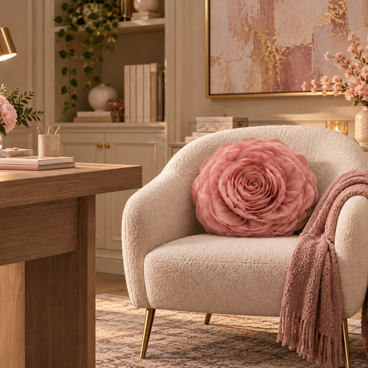 A cozy beige boucle armchair in a styled home office, featuring a large pink fabric flower pillow, a dusty pink throw blanket, and gold-toned legs.