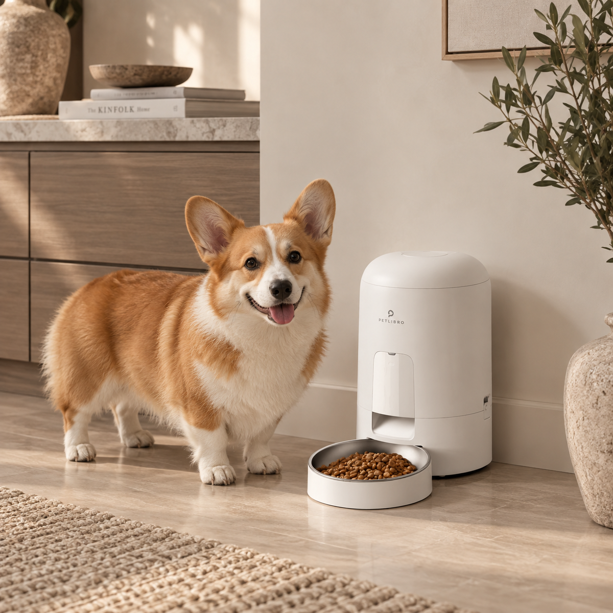 A corgi stands beside a white automatic pet feeder in a bright, modern room. The feeder has a bowl of kibble in front, and the dog looks toward the camera with its mouth open.
