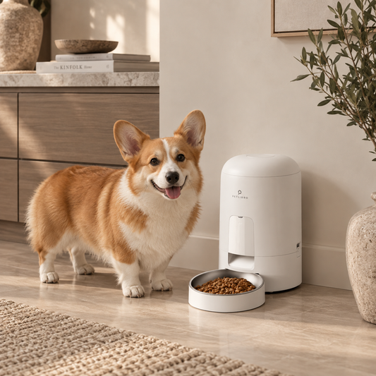 A corgi stands beside a white automatic pet feeder in a bright, modern room. The feeder has a bowl of kibble in front, and the dog looks toward the camera with its mouth open.