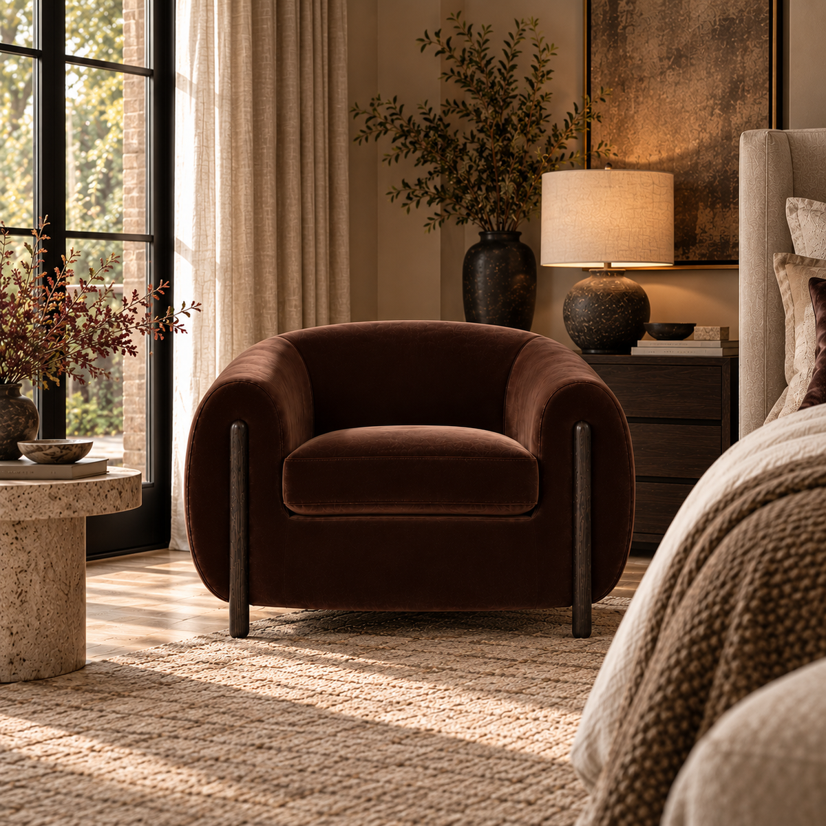 A dark brown velvet barrel chair with dark metal legs, placed in a beautifully styled bedroom next to a bed with a textured beige blanket, a stone side table, and a lit table lamp.