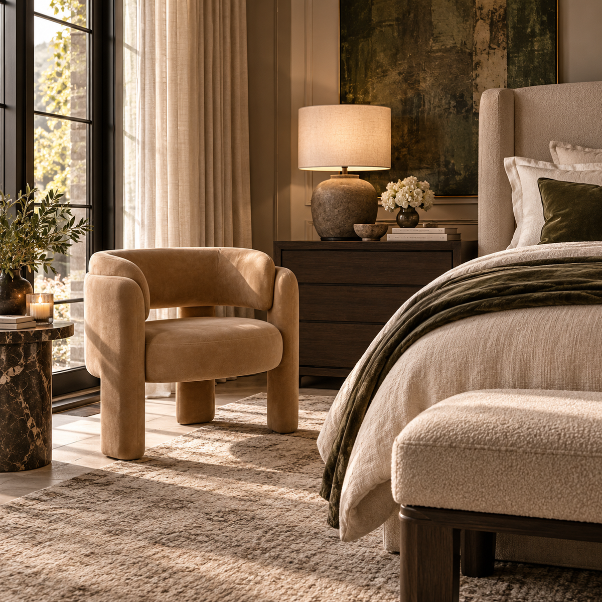 A styled bedroom interior featuring a plush beige velvet accent chair next to a bed with neutral bedding, a wooden nightstand with a lamp, and warm natural light from a window.
