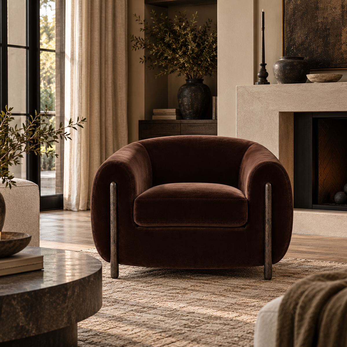 A plush, dark brown velvet armchair with dark metal legs, positioned in a beautifully styled living room with a fireplace, beige curtains, and a textured rug.