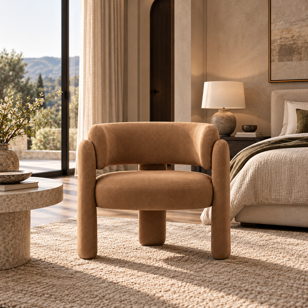 A modern tan upholstered barrel chair in a beautifully styled, warm-toned bedroom setting with a bed, bedside table, lamp, and large windows overlooking a landscape.