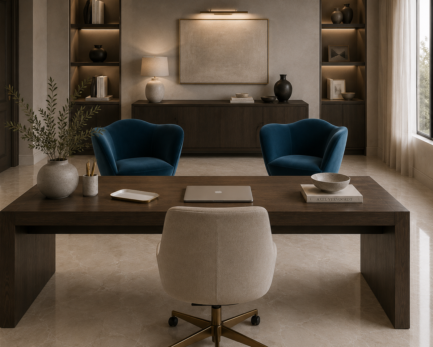 A modern home office setup featuring a large dark wood desk with a cream swivel chair in the foreground, flanked by two blue barrel chairs. The room is styled with a console table, built-in shelves, and warm ambient lighting.