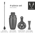 Load image into Gallery viewer, barware set in black with dimensions listed underneath each piece
