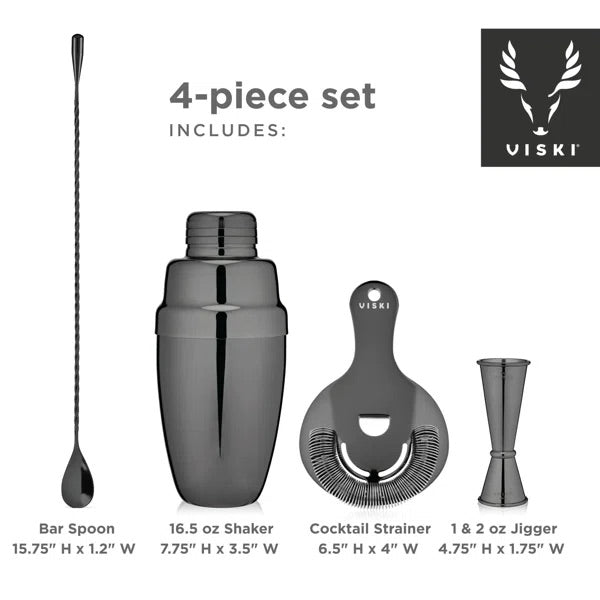 barware set in black with dimensions listed underneath each piece
