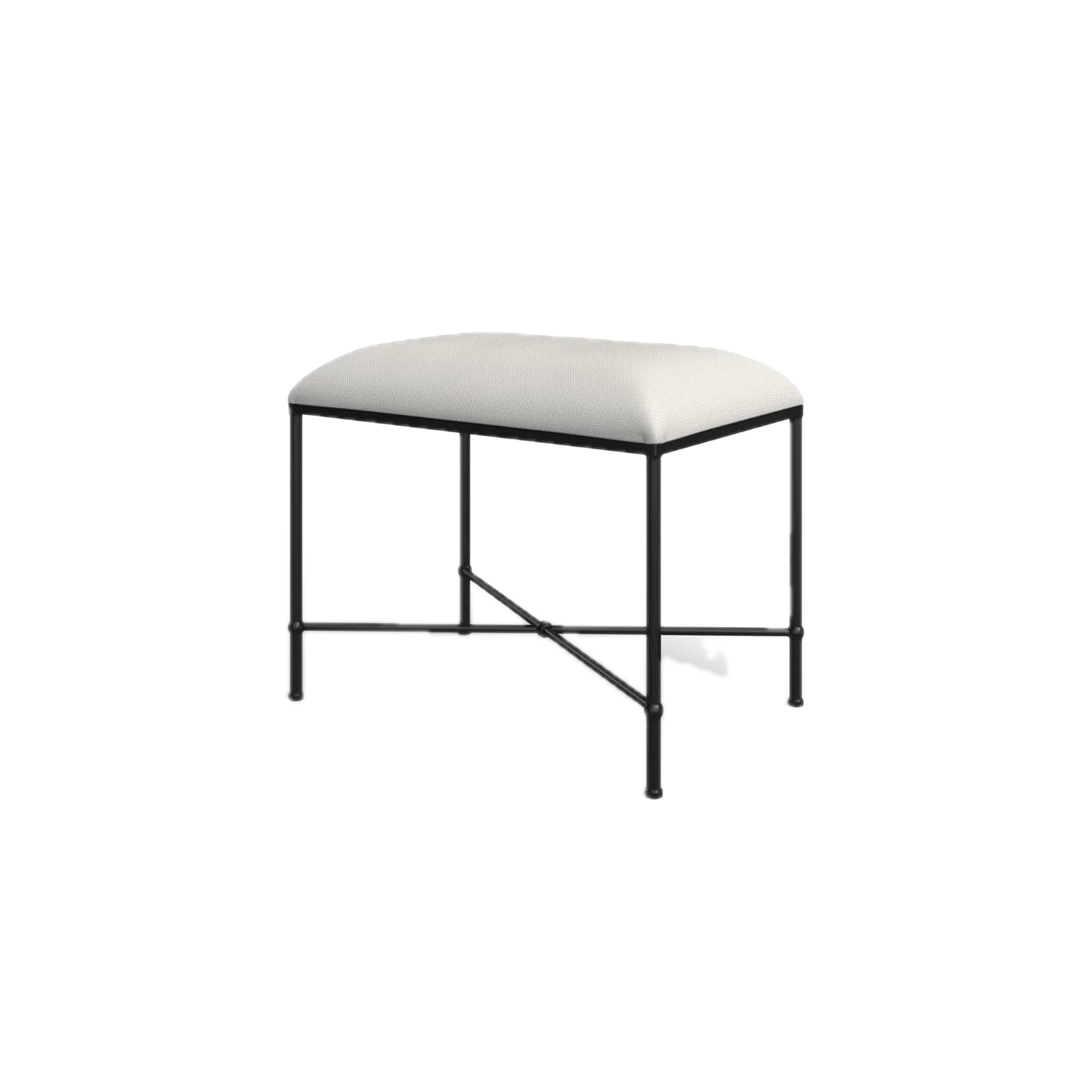 Minimalist bedroom bench with white cushioned seat and black iron frame featuring cross base and straight legs