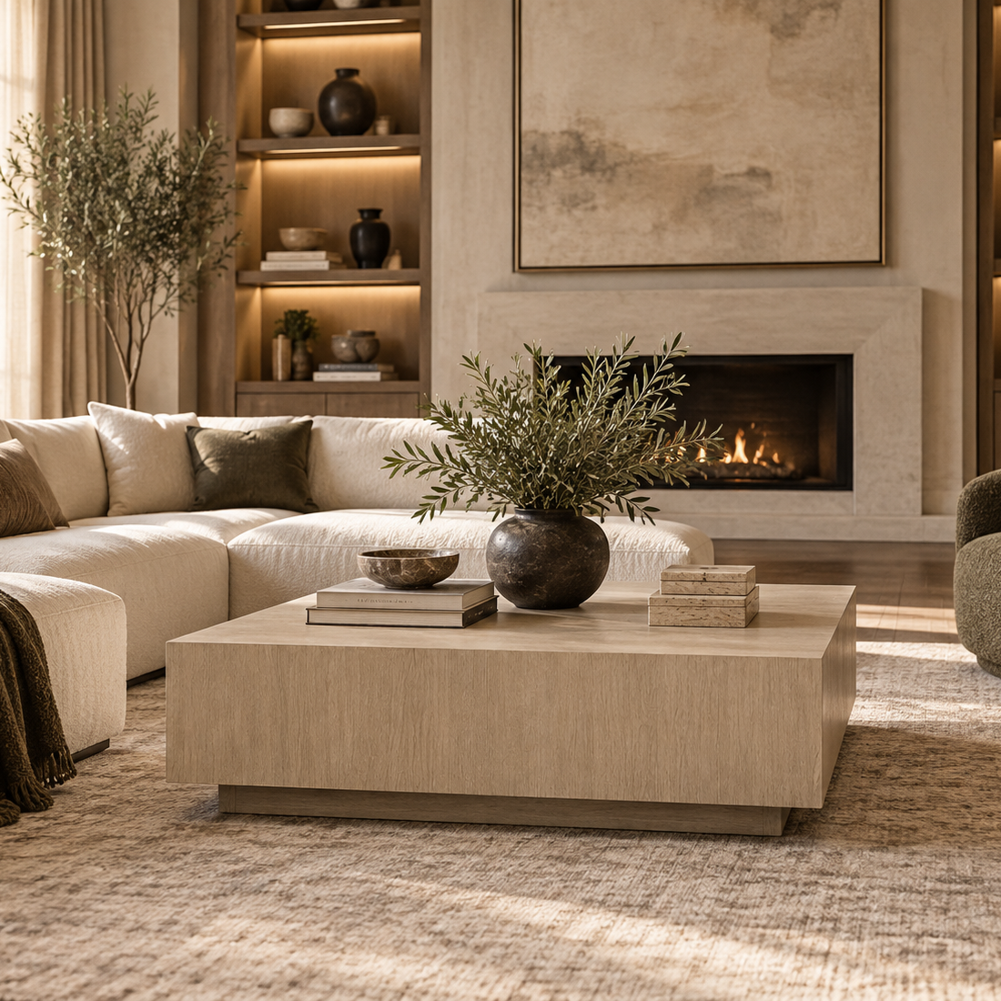 A modern living room featuring a light beige sectional sofa, a matching low rectangular beige coffee table, a textured area rug, and a built-in fireplace with warm shelving in the background.