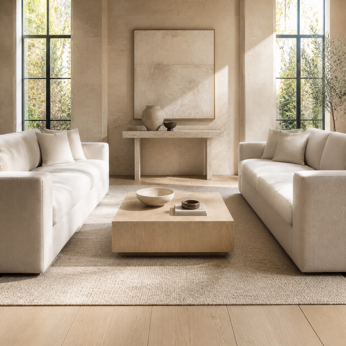 A modern living room setup featuring two off-white upholstered sofas facing a low wooden coffee table, set on a large beige rug in a bright, sunlit room with large windows and a console table in the background.