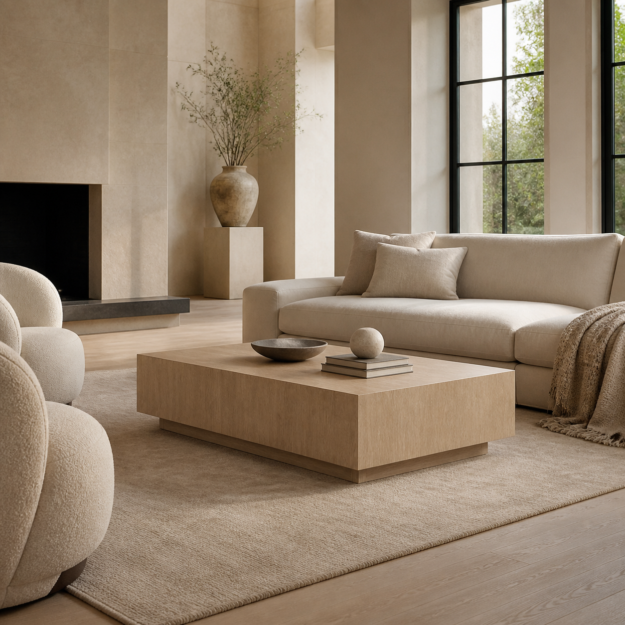 A modern living room featuring a light beige sectional sofa, a matching low wooden beige coffee table, a textured beige rug, and a minimalist black fireplace in the background.