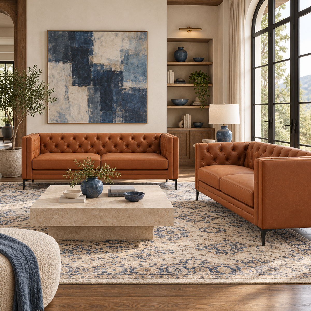 Two Belmont brown leather 2 piece sofas arranged around a stone coffee table in a living room with blue artwork and a patterned rug.