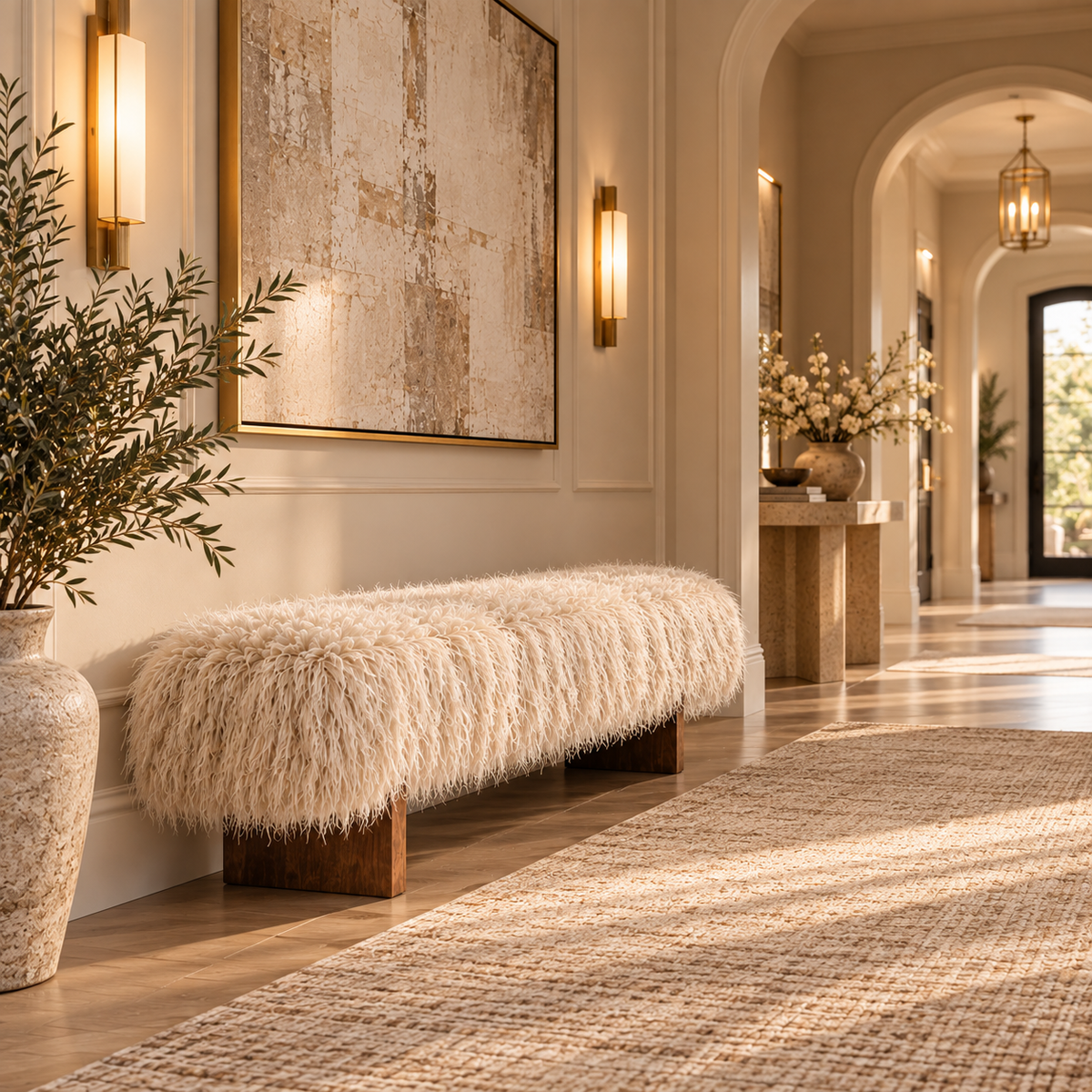A long bench upholstered in fluffy cream sheepskin sits in a warm, modern entryway with wood floors, a large textured wall art piece, wall sconces, and a woven rug.
