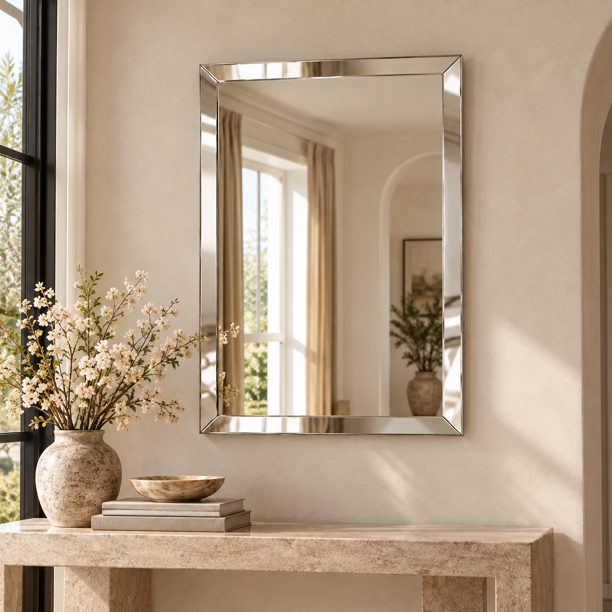 beveled wall mirror above console table